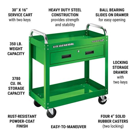 30 in. Service Cart with Drawer, Green Large Drawers, Storage Drawers, Mechanics Cart, Rubber ...