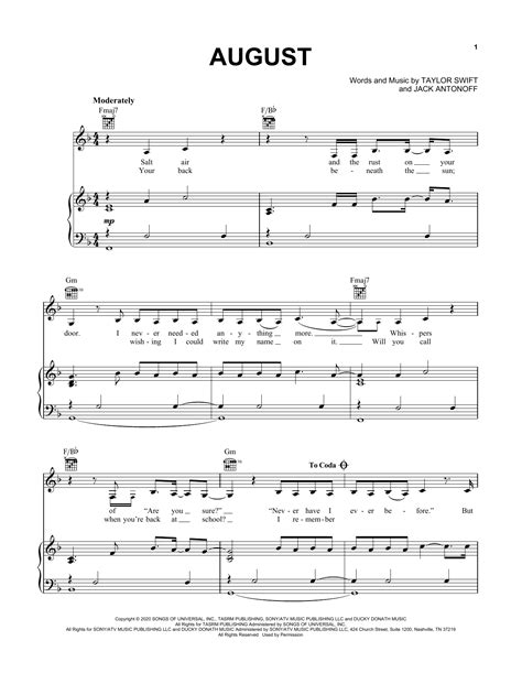 Taylor Swift august Sheet Music Notes, Chords | Piano songs sheet music ...