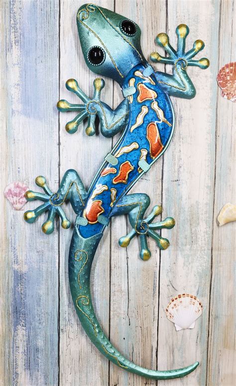 Ebros Crawling Green Metal Lizard Gecko with Blue Glass Body Wall Decor 18.5"L - Walmart.com