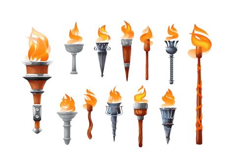 Premium Vector | Medieval realistic torch with burning fire set.