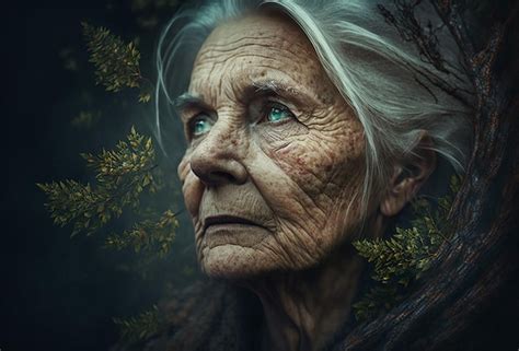 Premium Photo | Portrait of very sad senior woman natural face on foggy forest background ...