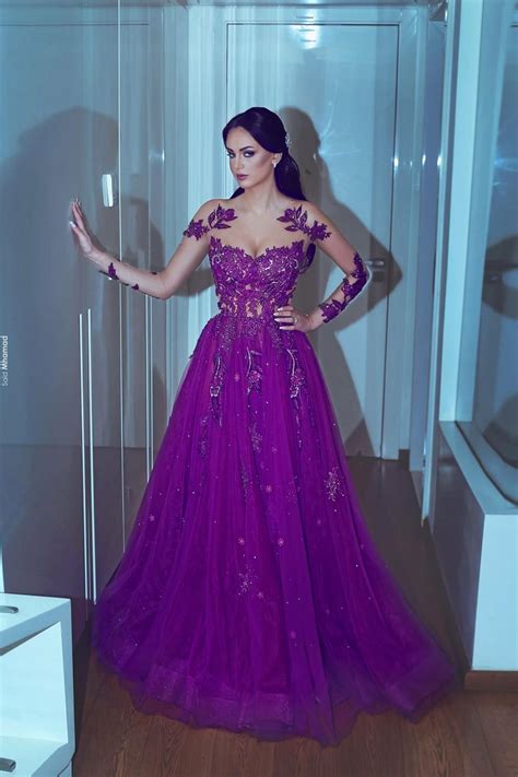 Purple Prom Dresses, Sheer Crew Prom Dresses, Long Sleeve Prom Dresses ...