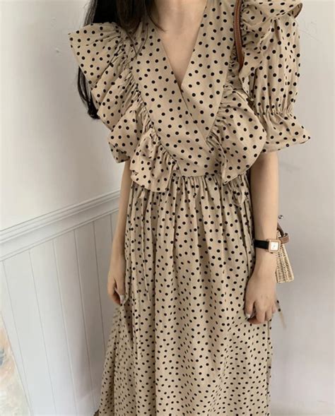 Vintage Puff Sleeve Elegant Dot Print Chiffon Dress on Luulla