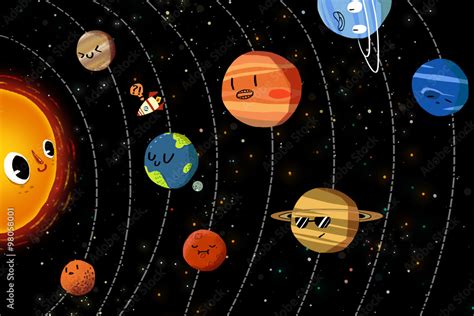 Illustration for Children: The Happy Planets in Solar System. Realistic ...