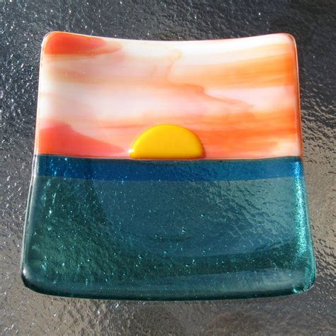 Fused Glass Sunset Plate, Ocean Beach Dish, Turquoise Blue Sea Glass Decor, Sunset Sky, Ocean ...