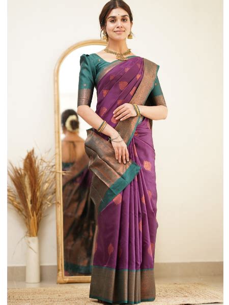 Designer Wine Color Soft Silk Saree With Green Border and Blouse South ...
