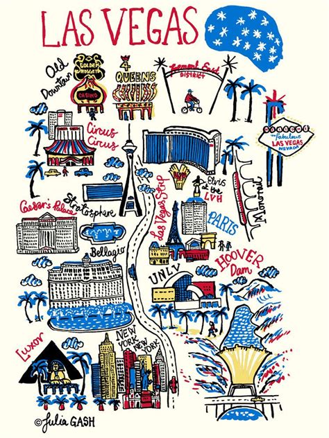 Las Vegas Cityscape | Julia Gash Travel Maps, Travel Posters, Pier Santa Monica, Las Vegas ...