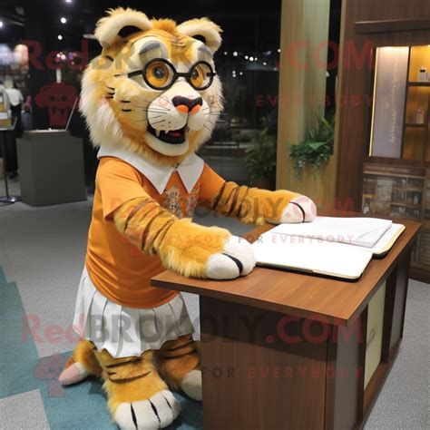 Saber-Toothed Tiger mascot costume character dressed with a Pencil Skirt and Reading glasses ...