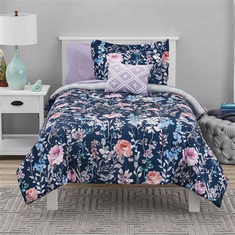 Mainstays Navy Floral Bed in a Bag Coordinating Bedding Set, Twin XL ...