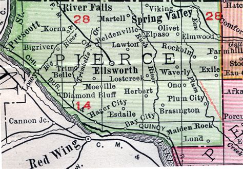 Pierce County, Wisconsin, map, 1912, Ellsworth, Spring Valley, River Falls, Prescott, Plum City ...