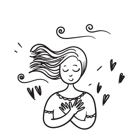 hand drawn doodle woman keep hands at heart love self illustration ...