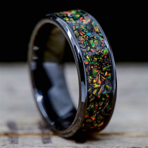 Black Opal in Tungsten or Ceramic Channel | Black opal engagement ring ...