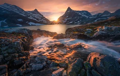 Wallpaper sunset, mountains, lake, stream, Norway, Norway, The ...