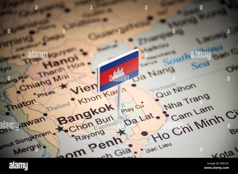 Cambodia marked with a flag on the map Stock Photo - Alamy