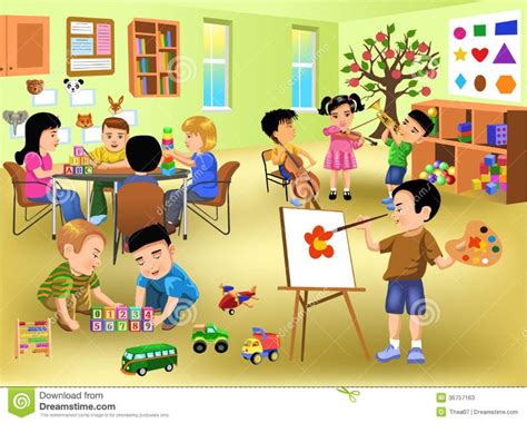 Kids Doing Different Activities In Kindergarten Stock Vector ...