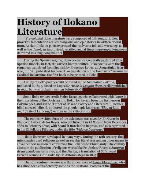 History of Ilokano Literature - History of Ilokano Literature Pre ...