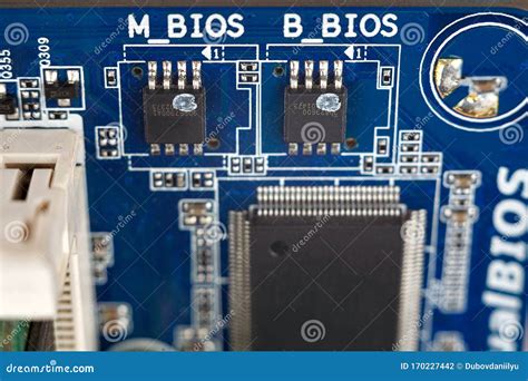 BIOS Chips Close-up Macro on the Motherboard of the Computer, the ...