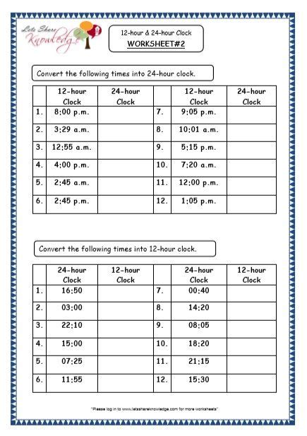 Grade 4 Maths Resources (7.1 Time - 12-hour & 24-hour Clock Printable Worksheets) - Lets Share ...