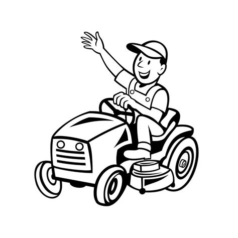 Farmer Riding Ride-on Mower Waving Hand Cartoon Black and White Seuss ...