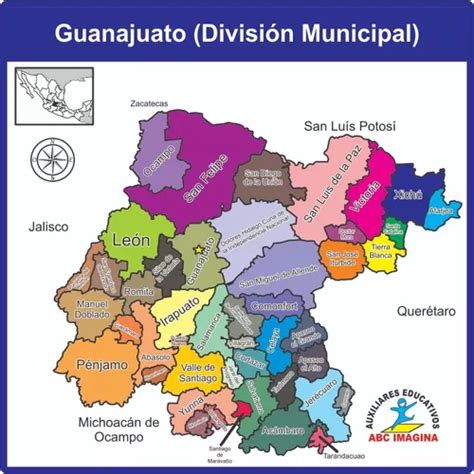 Mapa De Guanajuato En Lona A Color 1 X 1 Lavable | Envío gratis