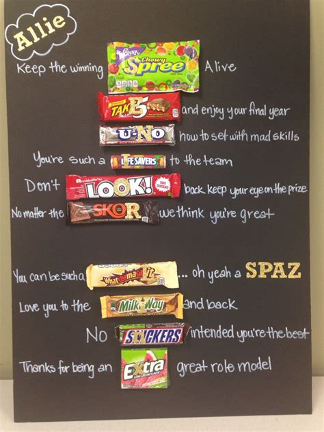 SENIOR night volleyball candy board. Each candy has a sticker which ...