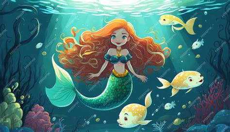 Premium AI Image | A mermaid with red hair and blue eyes swims under water.