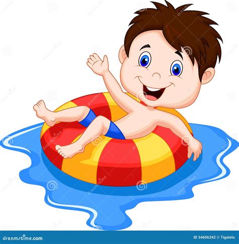 Boy Cartoon Floating on an Inflatable Circle in the Pool Stock Vector ...