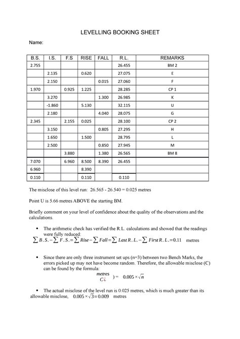 Levelling Booking Sheet - LEVELLING BOOKING SHEET Name: B. I. F RISE ...