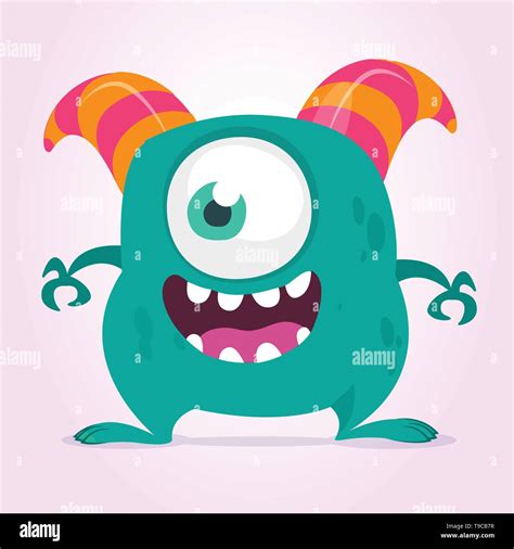 Cute cartoon monster with horns with one eye. Smiling monster emotion with big mouth. Halloween ...