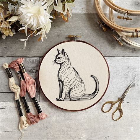 Cat Line Art Embroidery Hoop Pattern Template PDF Digital Download - Etsy