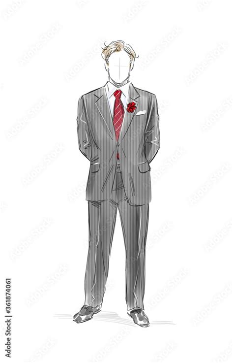 Isolated sketch drawing of a faceless business man in a black suit with red tie posing ...