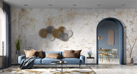 Modern interior of living room with blue sofa, concrete stucco wall ...