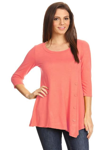 Women's Plus Size Solid Lightweight Button Trim Detail Casual Tunic Top Made in USA - Walmart.com