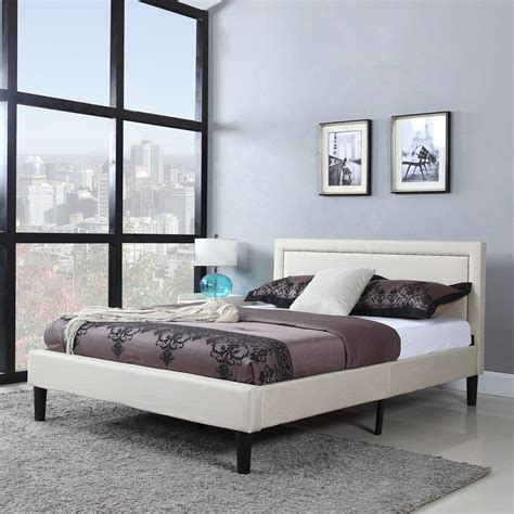 Deluxe Nailhead Trimmed Beige Linen Fabric Platform Bed with Wooden Slats - Walmart.com