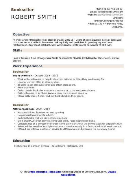 Bookseller Resume Samples | QwikResume