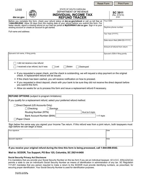 Form SC3911 Download Fillable PDF or Fill Online Individual Income Tax Refund Tracer South ...