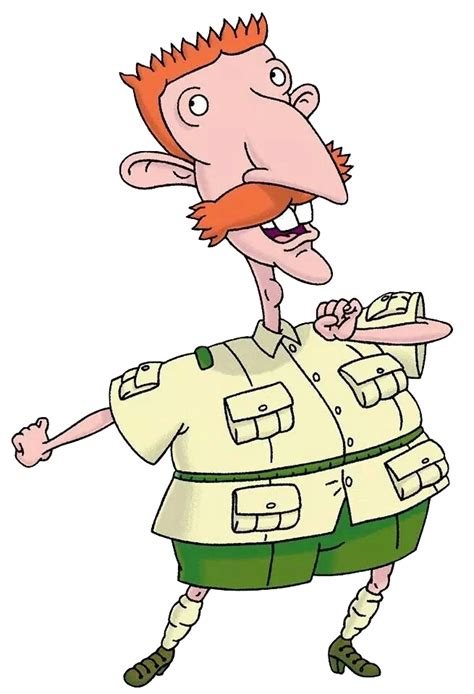 a cartoon man with an orange hair and mustache is pointing to the side while wearing green shorts