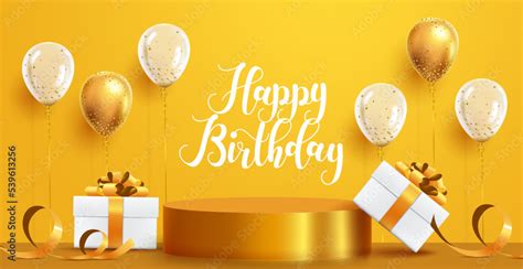 Birthday greeting vector background design. Happy birthday typography text with gold podium ...