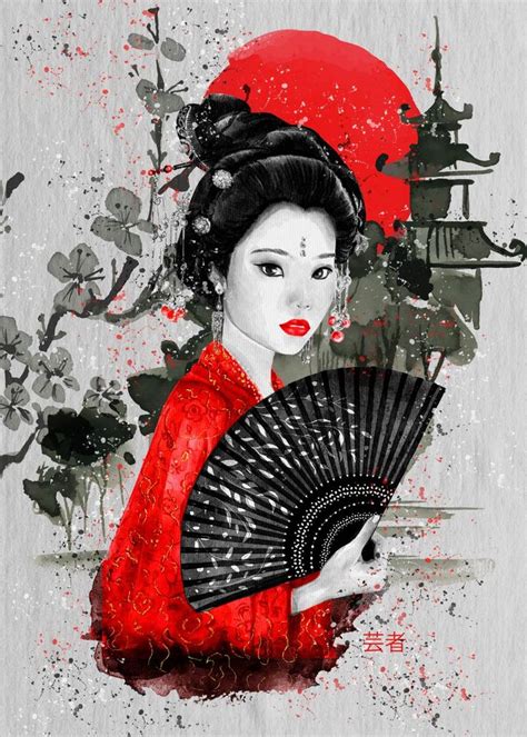 'Geisha With Fan' Poster, picture, metal print, paint by Lucia Schwarzgruber | Displate | Geisha ...