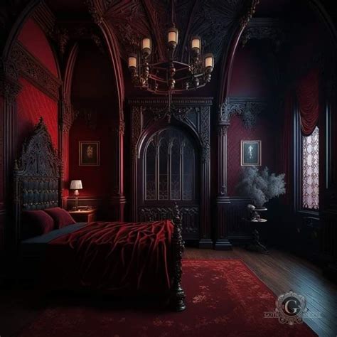 a gothic bedroom with red walls and furniture