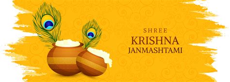 Happy Krishna Janmashtami Card with Feathers and Pots Banner 1255689 Vector Art at Vecteezy