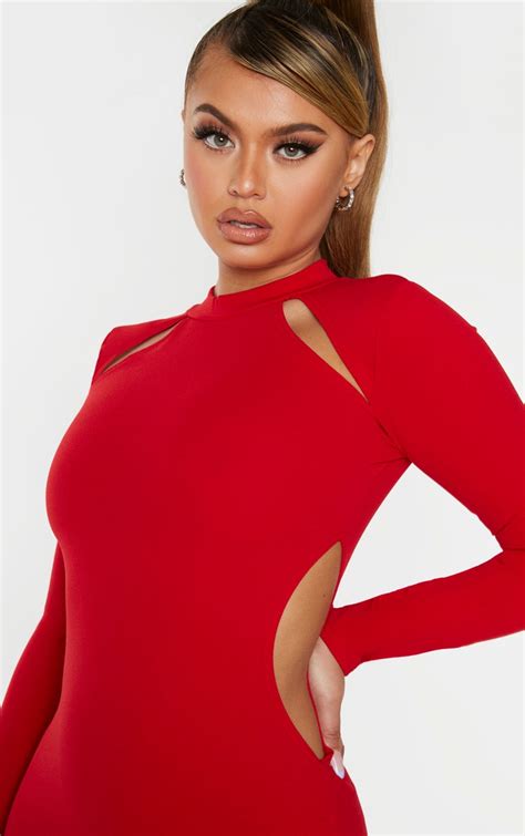 Red Long Sleeve Cut Out Bodycon Dress | PrettyLittleThing USA