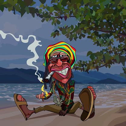 Cartoon Funny Man Rastaman Sits By The Sea And Smokes Stock ...