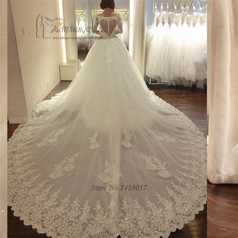 Luxury Long Train Wedding Dress Vestido de Renda Casamento Princess Wedding Gowns Sequin Long ...