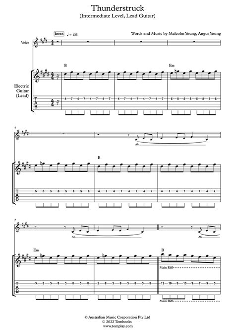 Thunderstruck (Intermediate Level, Lead Guitar) (AC DC) - Guitar Tabs and Sheet Music