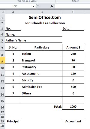 School Fee Slip Format in Excel Template Free Download | SemiOffice.Com