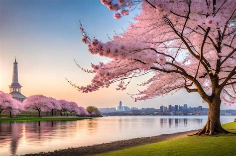 Premium Photo | Cherry blossoms on the potomac river at sunset