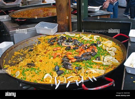 A large pan of paella on a stall in Borough Market in Southwark near ...