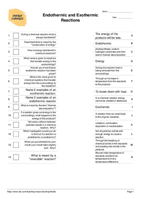 Endothermic And Exothermic Reaction Worksheet