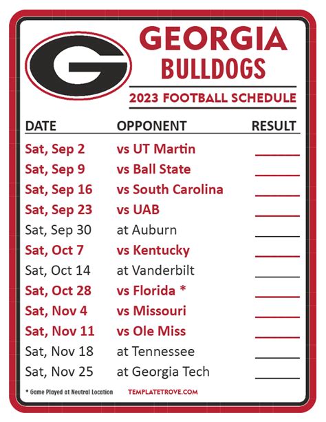 Uga Football Schedule Printable